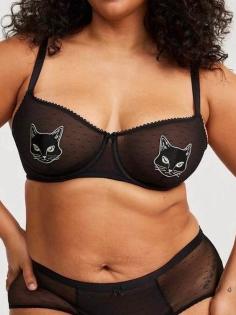 Torrid black cat appliqué mesh unlined Balconette bra 42D